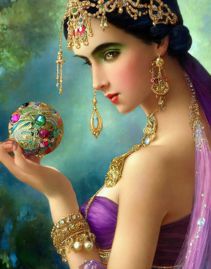 Woman with Striking Green Eyes and Ornate Gold Jewelry Holding Colorful Bauble