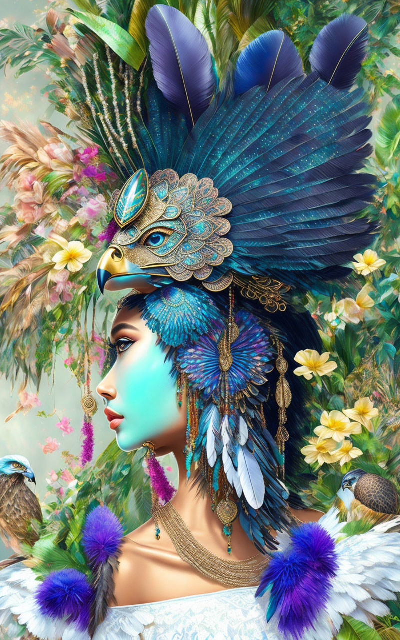 Colorful Artwork: Blue-skinned woman in bird headdress surrounded by lush floral background