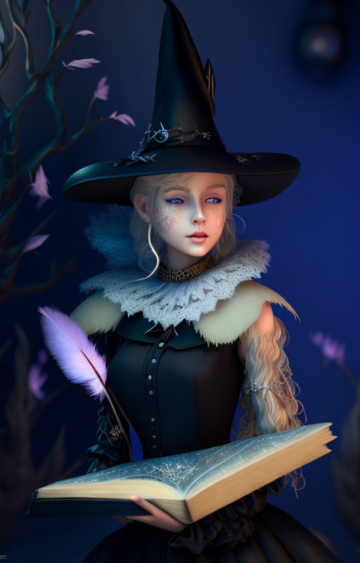 Digital artwork of witch with pointed hat holding open book in mystical setting