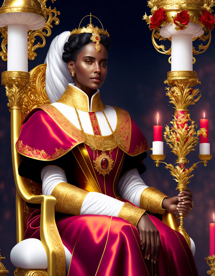 Regal woman in red and white royal attire on golden throne.