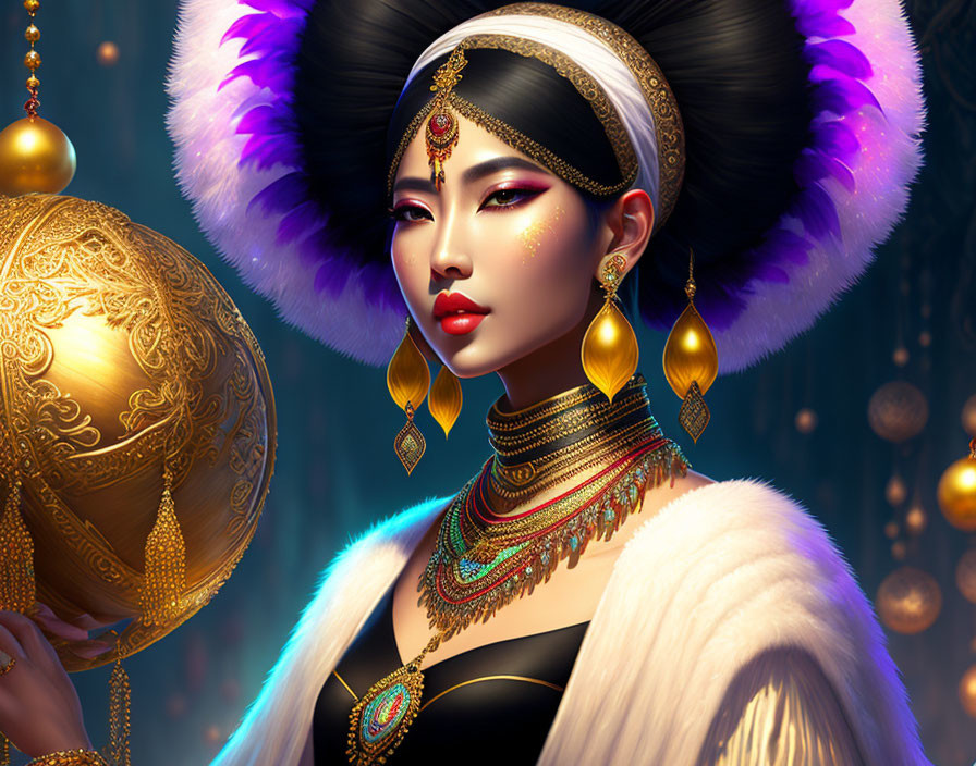 Luxuriously attired woman with gold jewelry and headdress holding ornate sphere