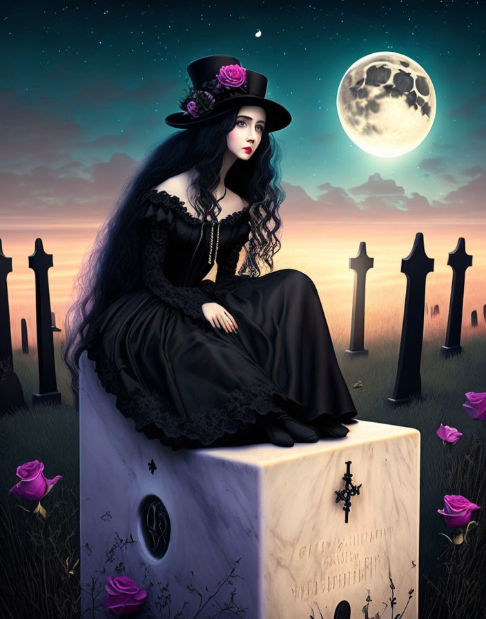 Gothic woman in black dress and hat on grave in moonlit cemetery