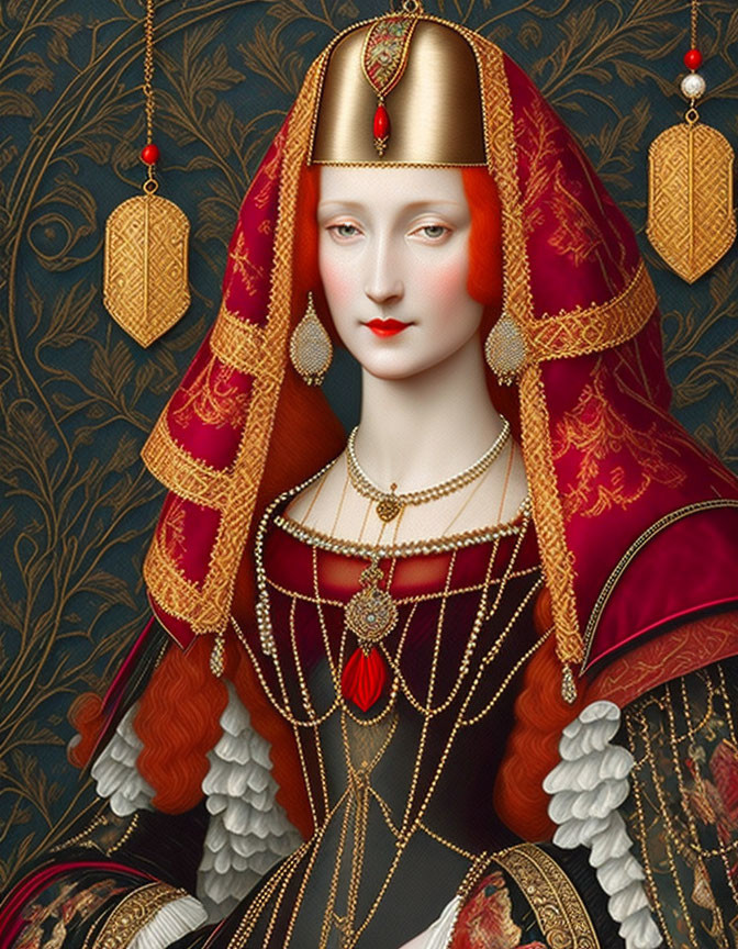 Regal woman in red and gold attire on ornate blue background