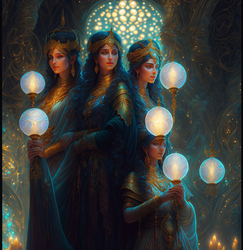 Ethereal women in golden attire with glowing orbs in intricate background