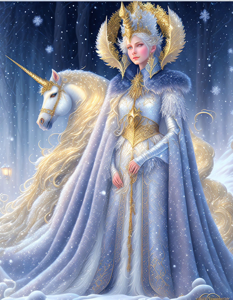 Regal figure in gold-accented blue gown with unicorn under starry sky