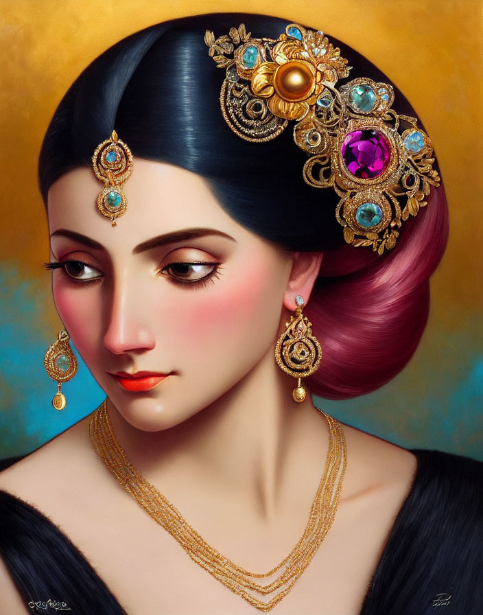 Illustration of woman in ornate gold jewelry with modern pink twist hairstyle