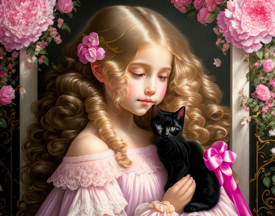 Young girl with curly hair holding black cat in pink flower setting