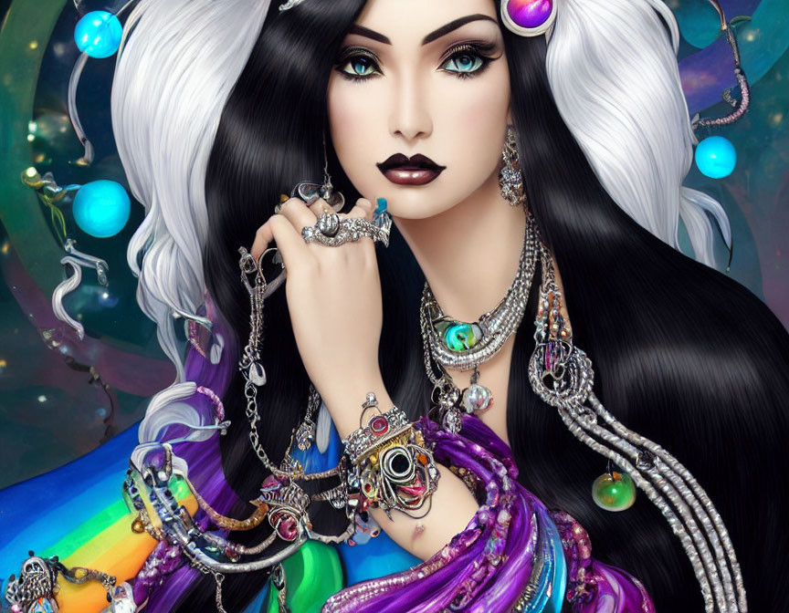 Digital illustration of woman with white hair, vibrant makeup, silver jewelry, colorful garment