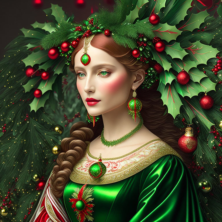 Woman in Christmas-themed headpiece and green dress with holiday decorations.