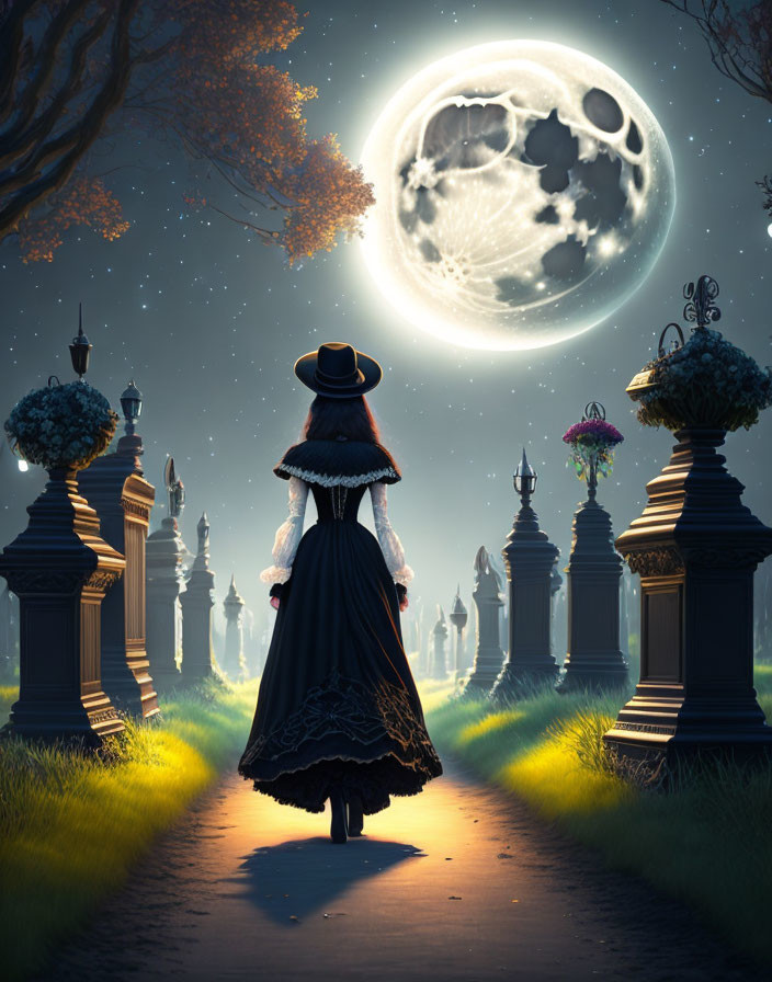 Vintage-clad woman walking to large moon in surreal twilight setting