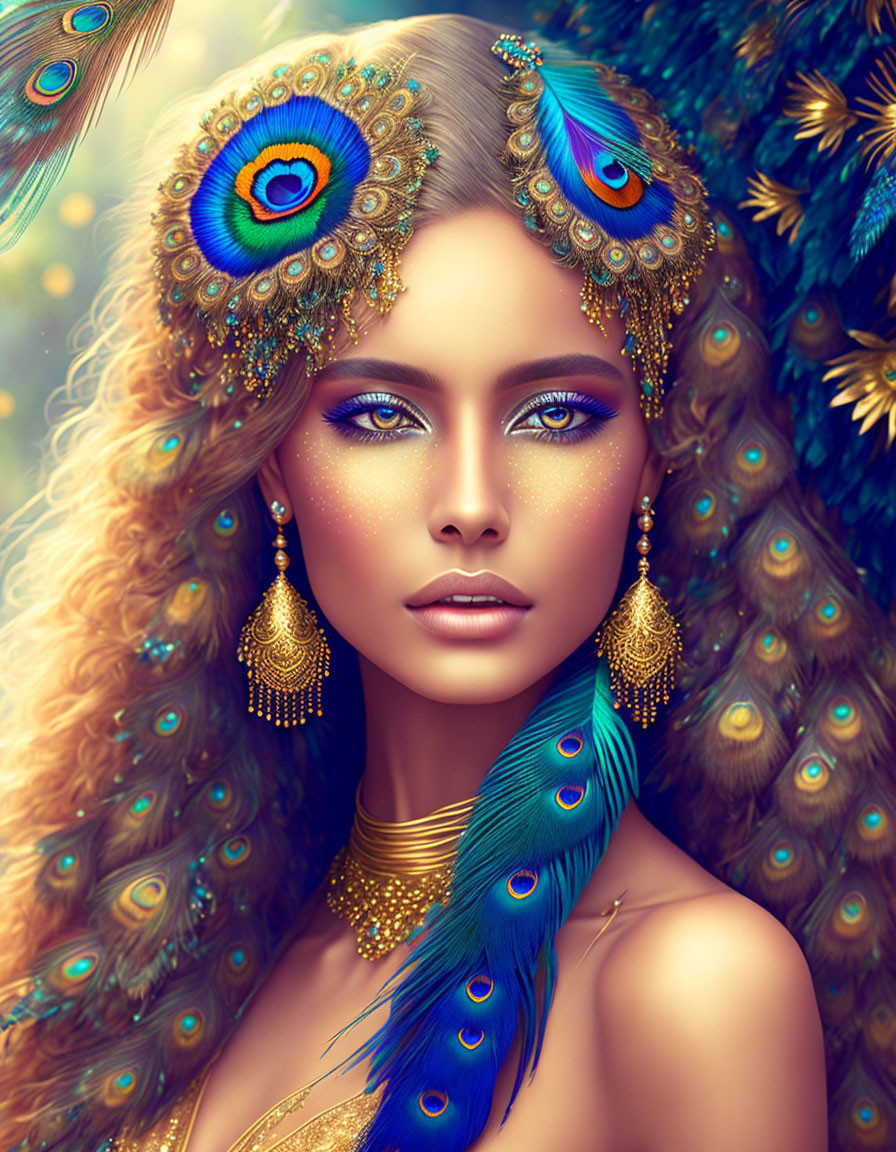 Woman adorned with peacock feathers, blue eyeshadow, gold jewelry, and feather backdrop