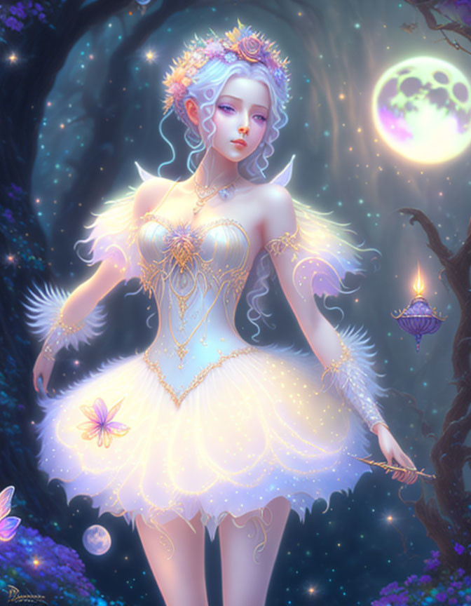 Ethereal female figure with purple hair in ornate white dress in mystical forest