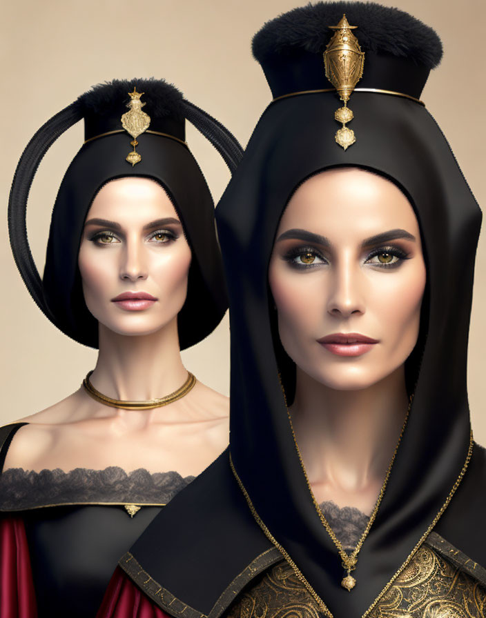 Two women in stylized historical headwear and makeup, one in black with gold, the other in