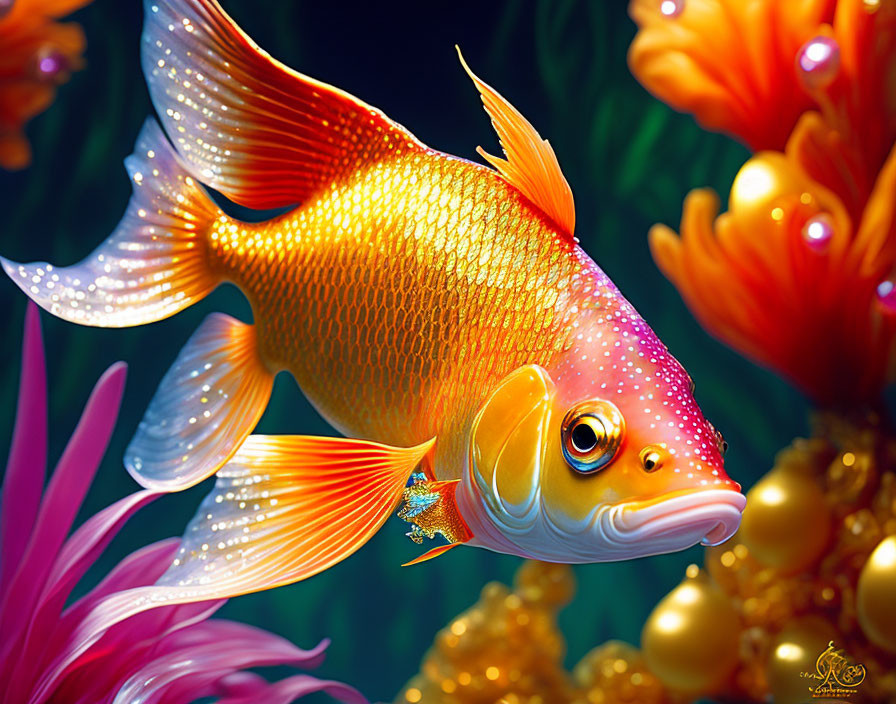 Colorful Golden Fish Swimming Among Underwater Flora