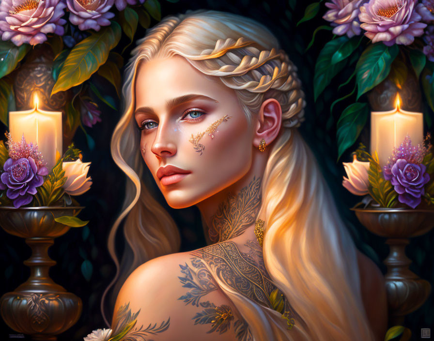 Portrait of woman with tattoos, candles, flowers, serene expression, braided hair