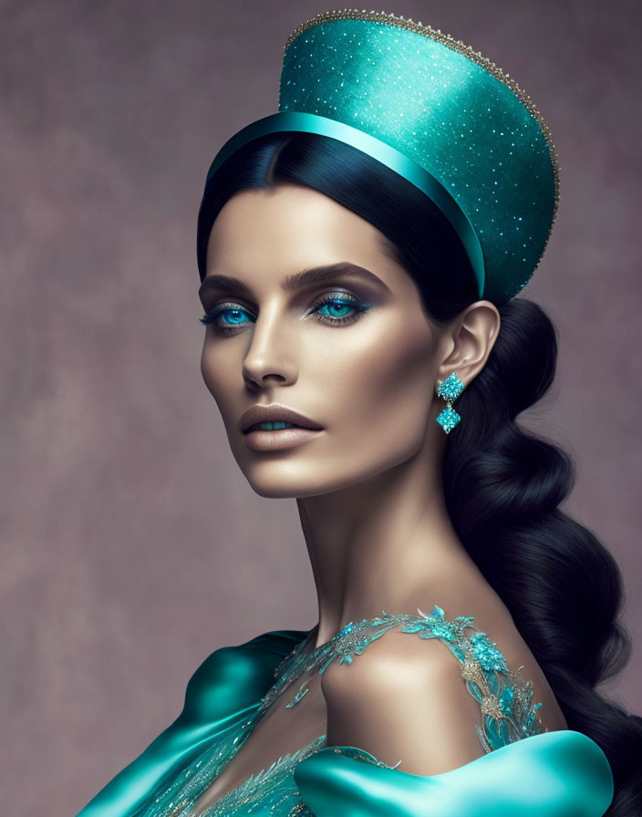 Blue-eyed woman in teal dress and hat with braid and makeup