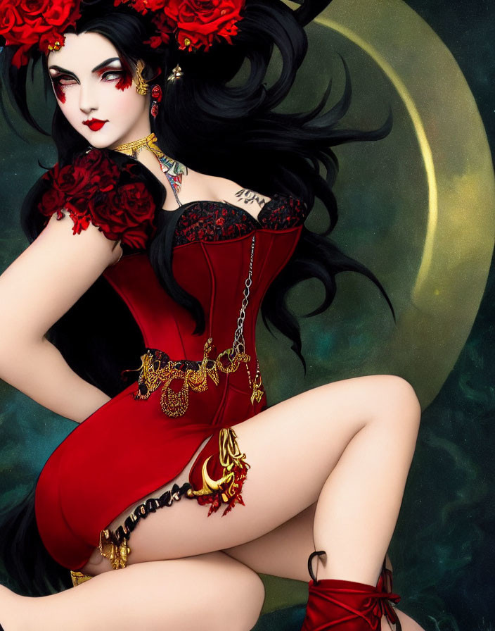 Stylized drawing of woman in red dress with tattoos and gold jewelry