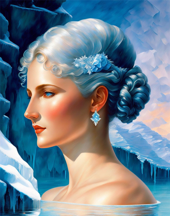 Pale Blue Hair Woman with Snowflake Accessory on Icy Background