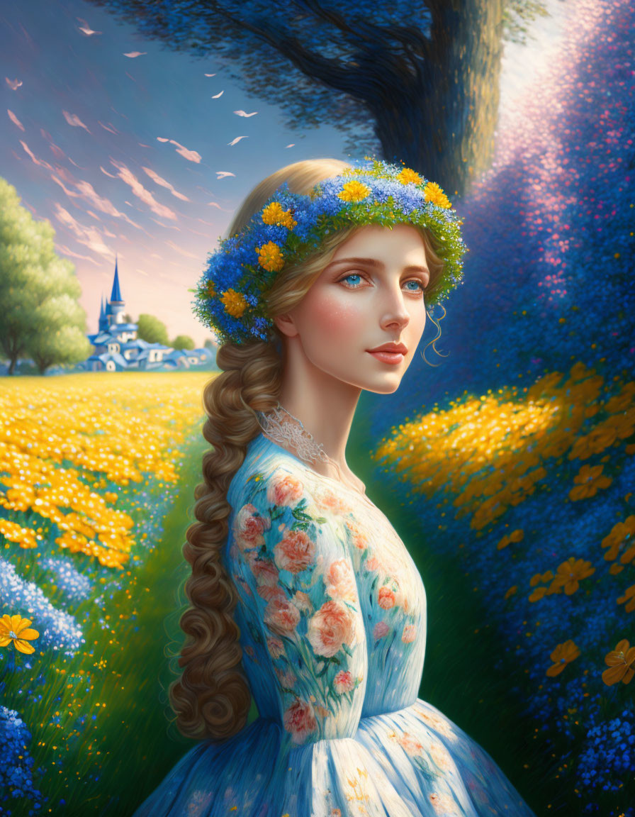 Woman with floral crown and braid in vibrant flower field with village backdrop