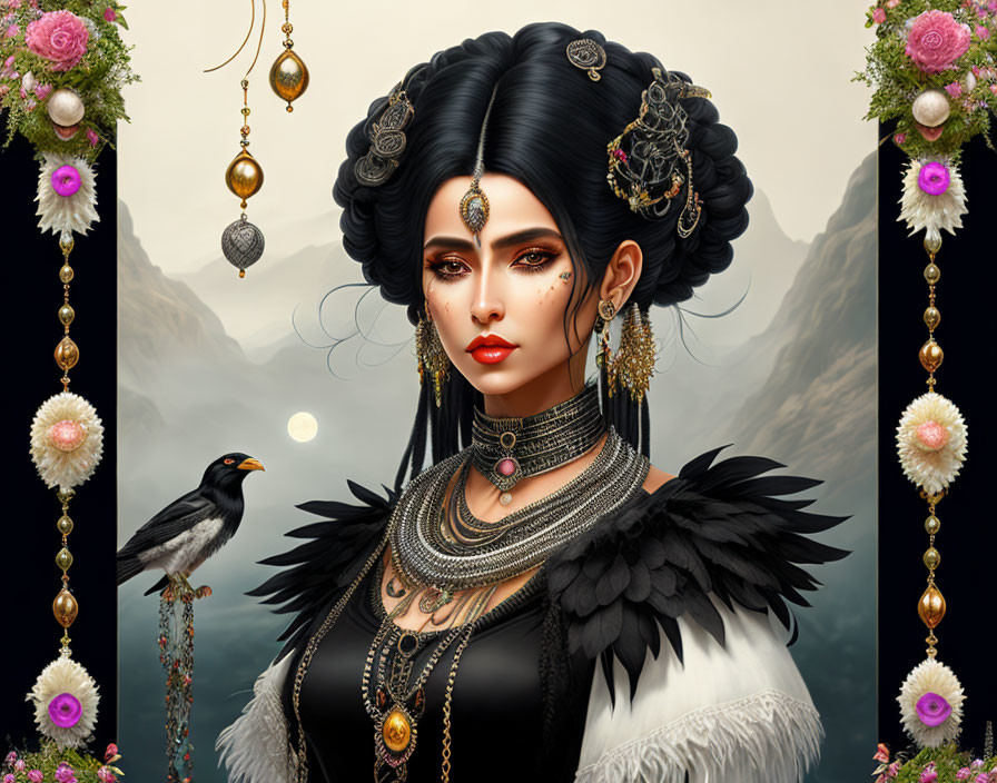 Digital artwork featuring woman with elaborate black hair, large jewelry, dark makeup, feathered outfit, bird