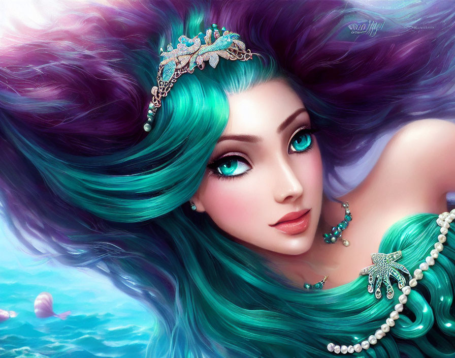 Woman with Teal Hair and Ocean Background Portrait