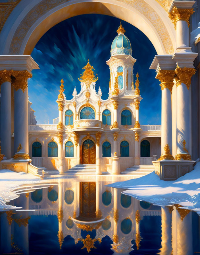 Baroque architecture golden palace by tranquil water under blue sky