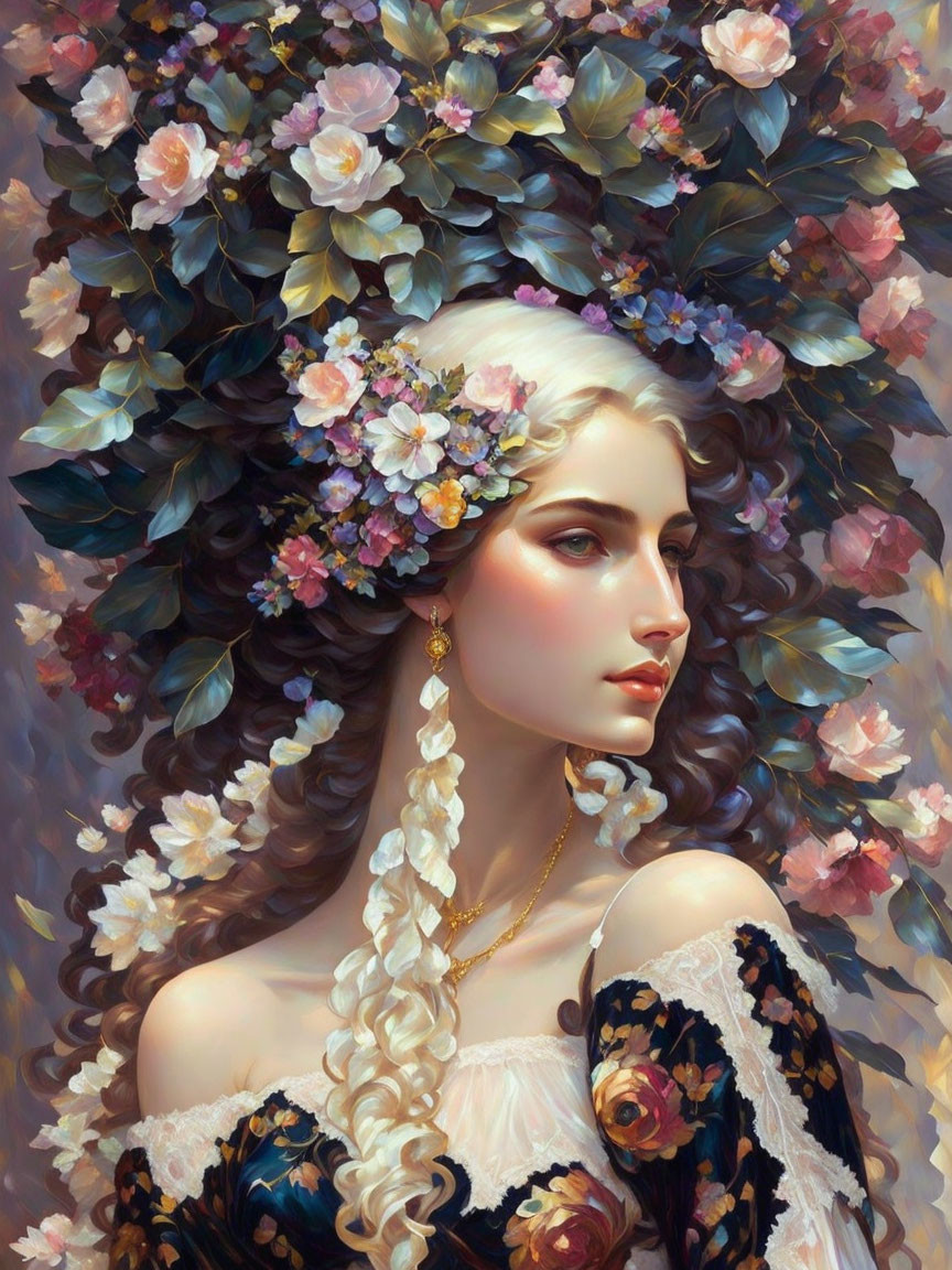 Detailed Portrait of Woman with Floral Headpiece and Braided Hair