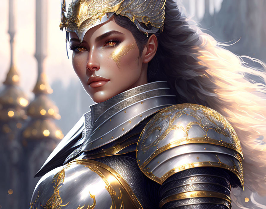 Female warrior portrait in ornate silver and gold armor with intricate helmet design