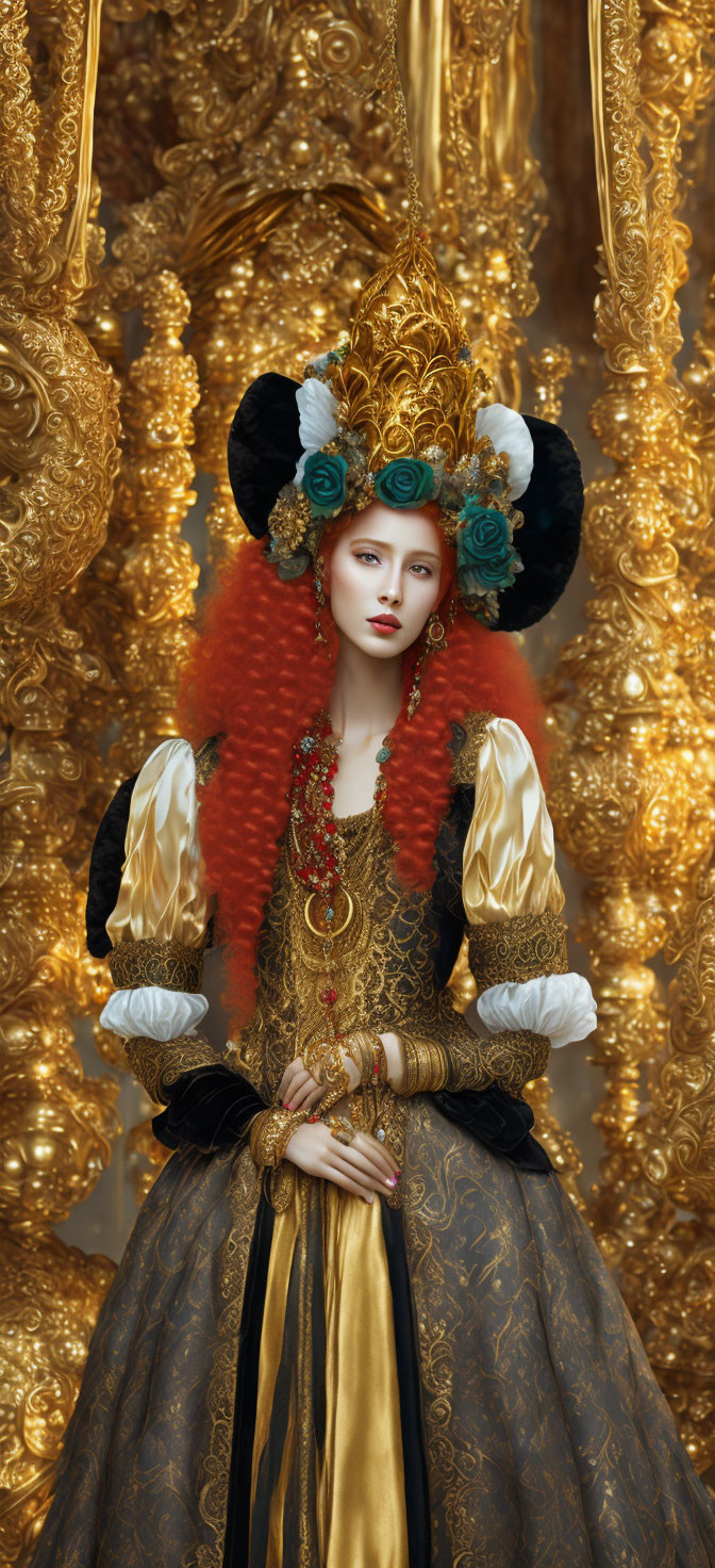 Regal woman with fiery red hair in ornate golden attire