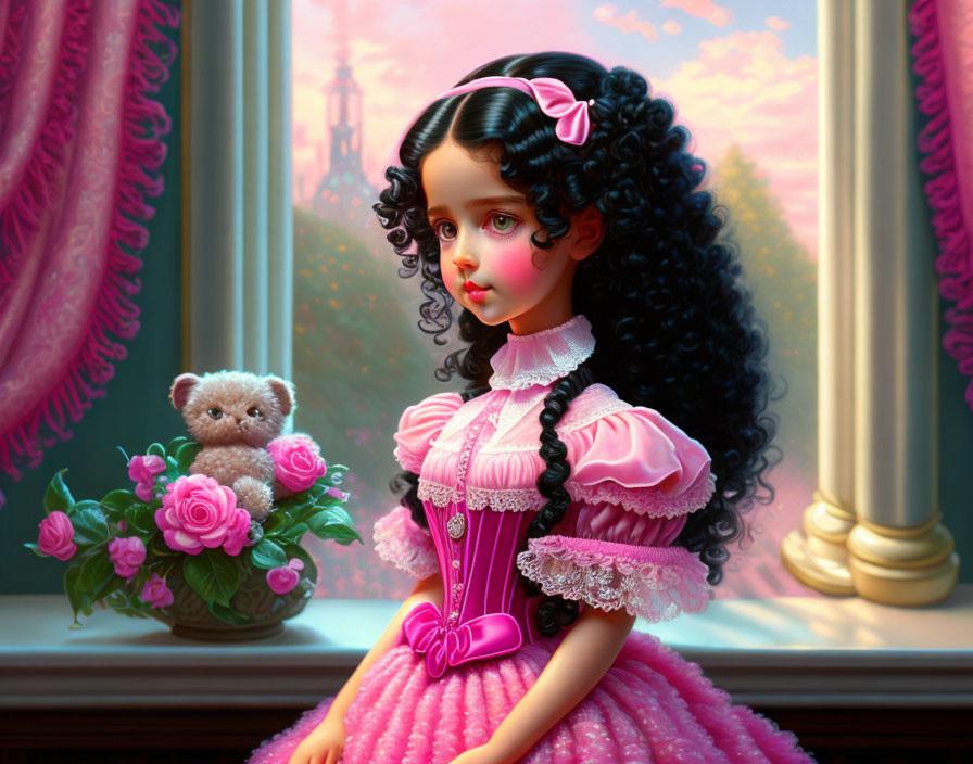 Illustration of girl in Victorian dress with roses and plush bear