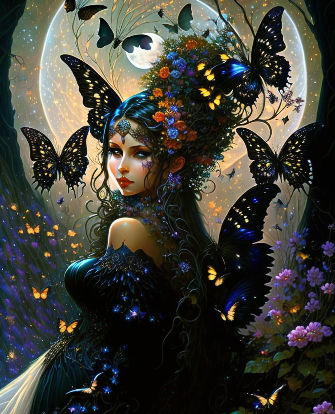 Fantasy artwork: Woman with butterfly wings, surrounded by butterflies, under moonlit sky