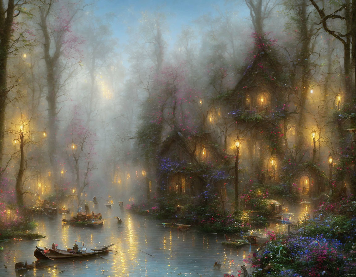 Fantasy forest with glowing cottages, mist, boats, and vibrant flora