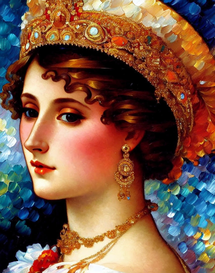 Portrait of Woman with Jewel-Encrusted Crown and Colorful Mosaic Background