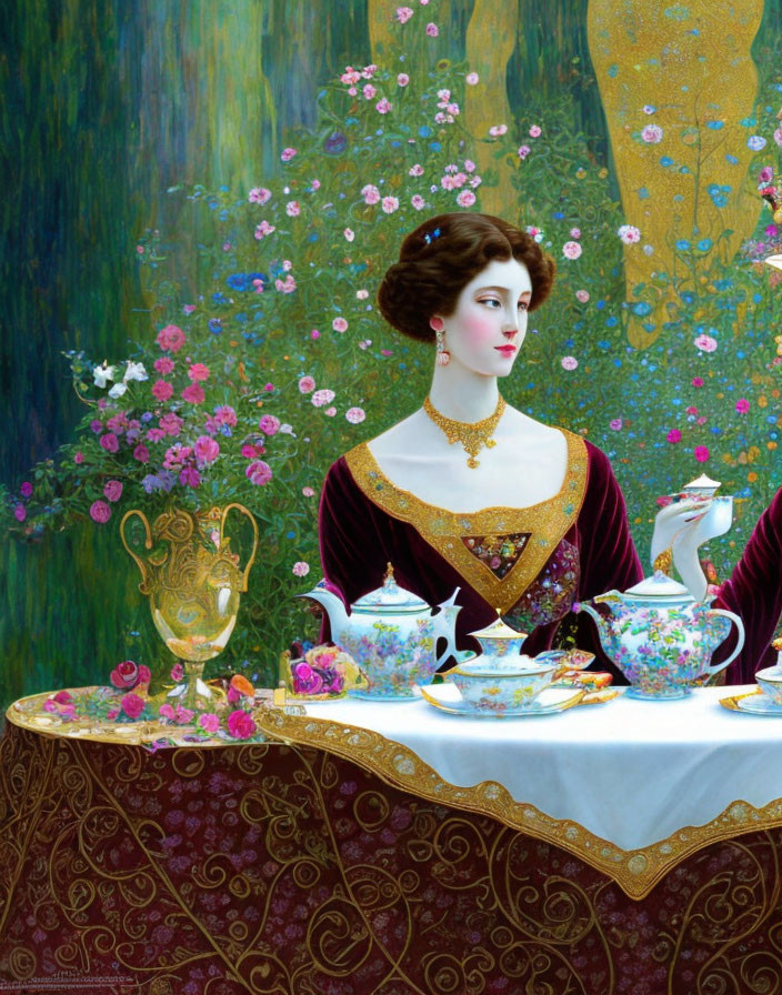 Woman in burgundy dress at ornate teapots table in Art Nouveau setting