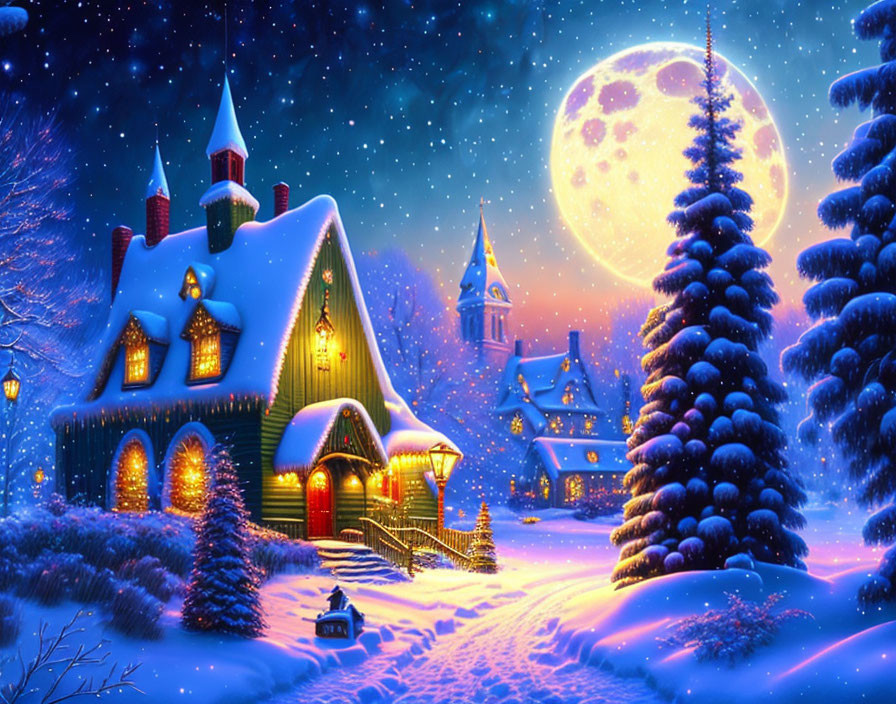 Snow-covered cottage, church, pine trees, moonlit winter night