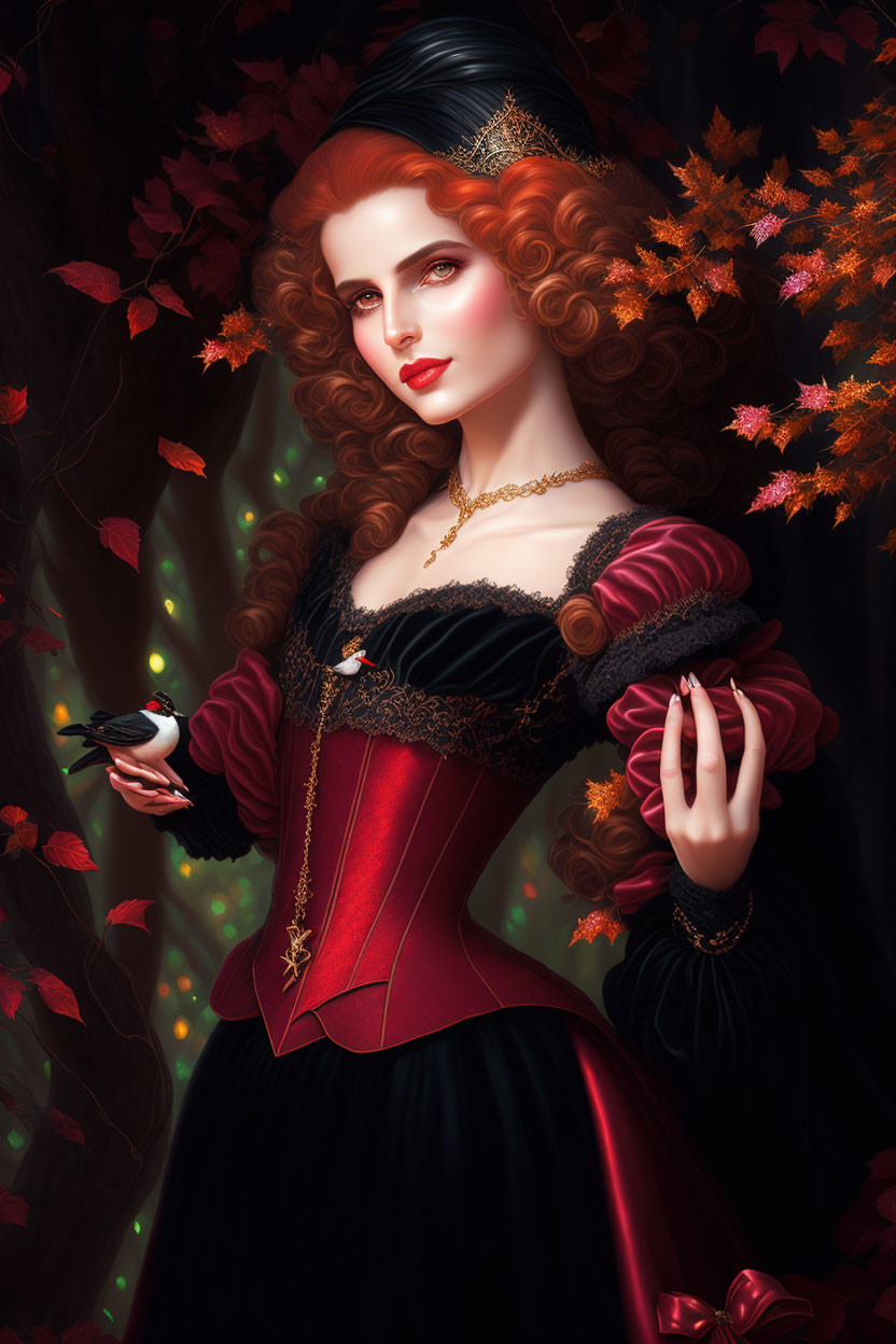 Red-haired woman in Victorian dress with bird amid autumn leaves