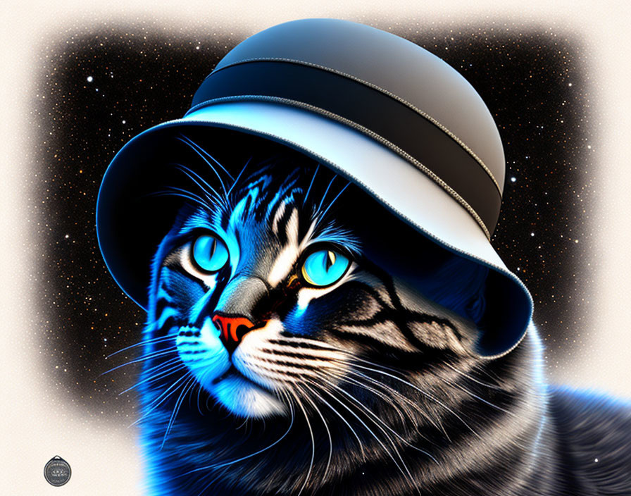 Digital Artwork: Cat with Blue Eyes in Striped Hat on Starry Background