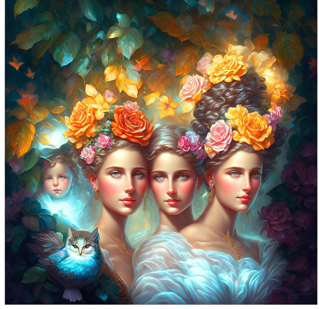 Women with floral crowns and child's face surrounded by leaves and blue bird in dreamlike scene.