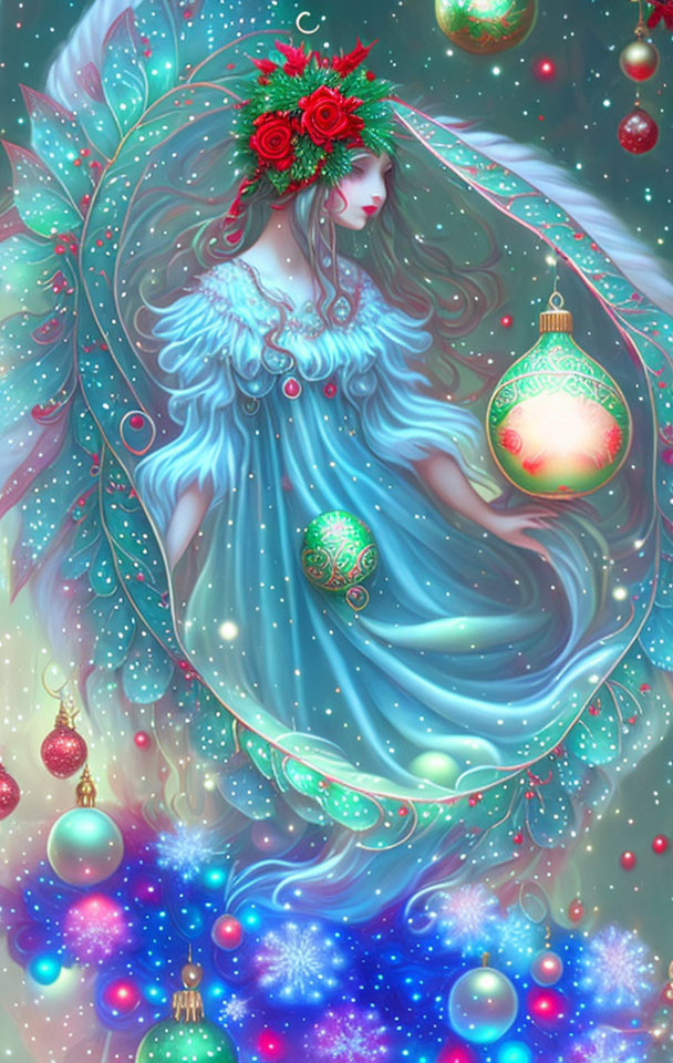 Ethereal woman with flowing hair in blue gown and wreath among festive ornaments