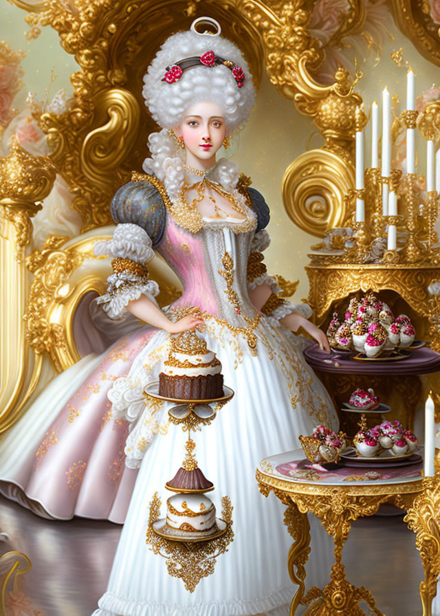 18th-Century Woman in Elaborate Gown with Desserts and Candles