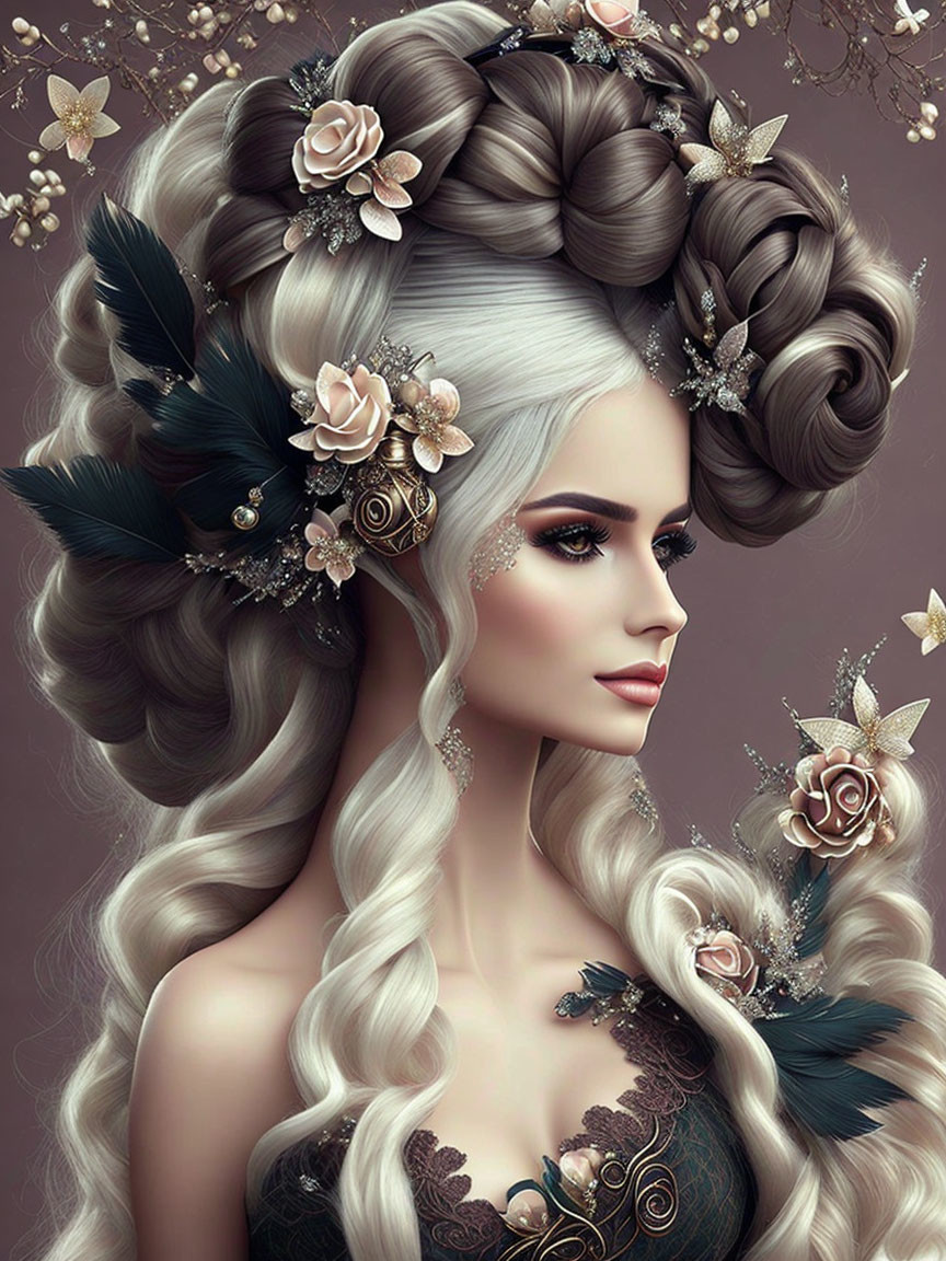 Illustrated woman with voluminous gray hair and fantasy-inspired attire.