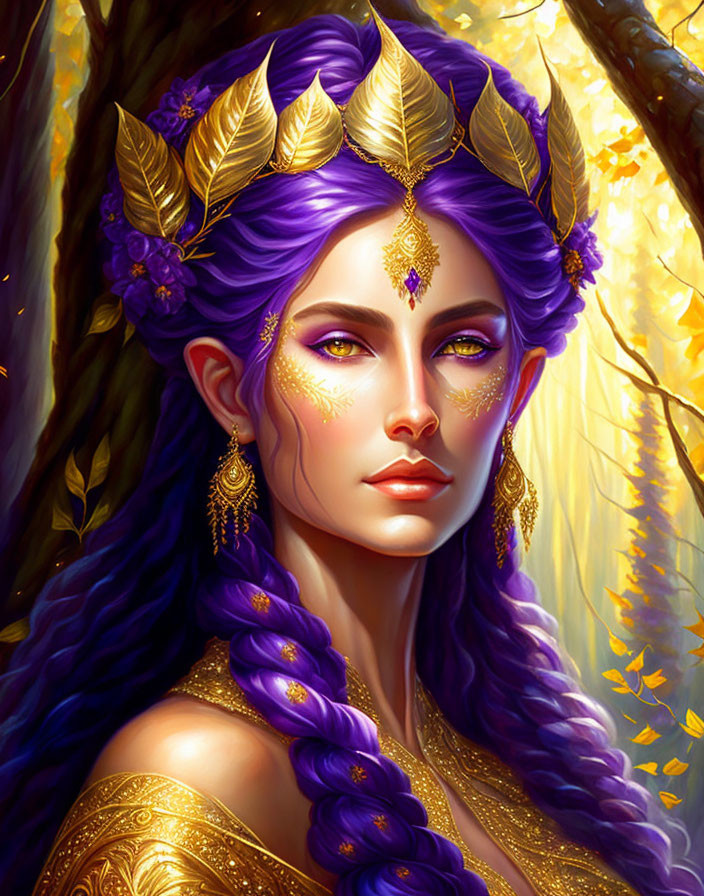 Regal woman with purple hair in golden forest setting