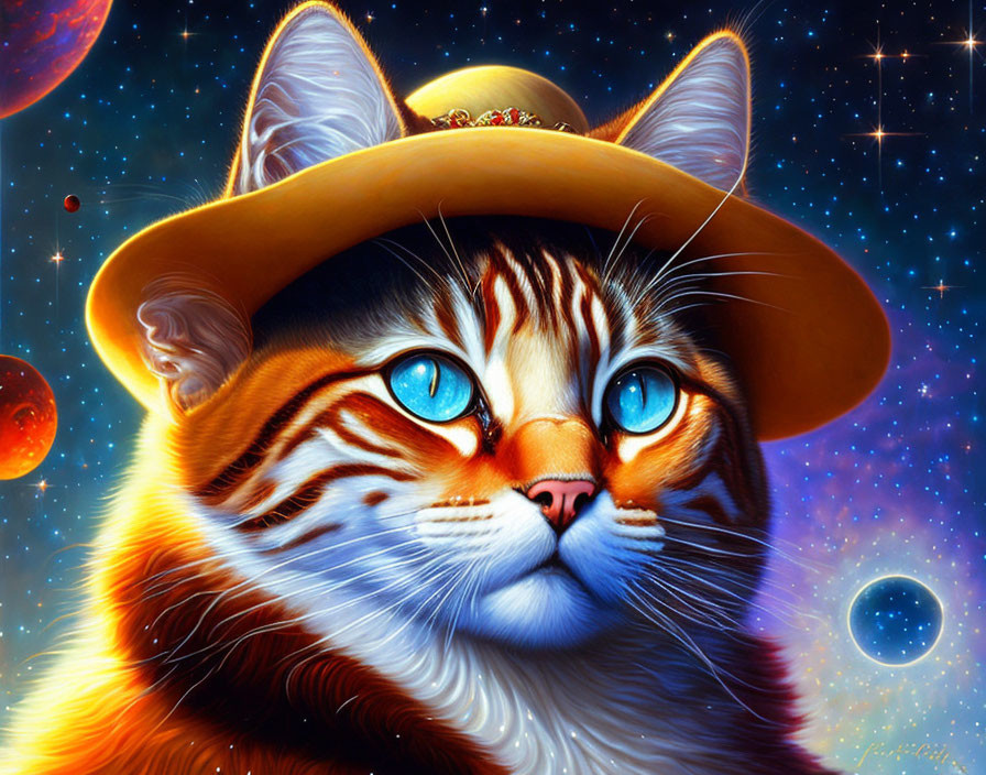 Colorful Cat in Sombrero Against Cosmic Background