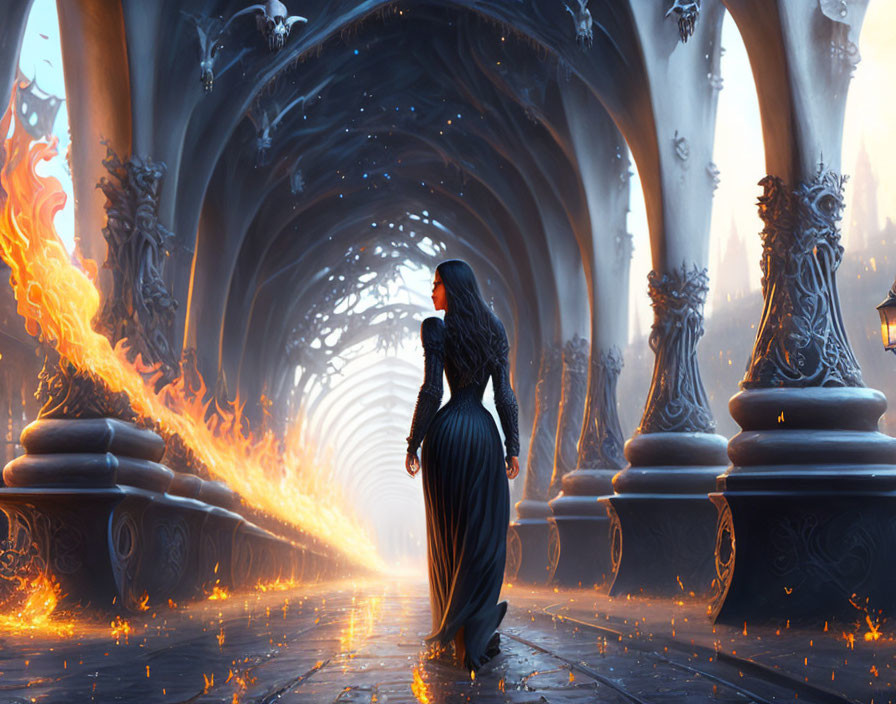 Woman in black dress in ornate flame-lined hallway gazing into distance