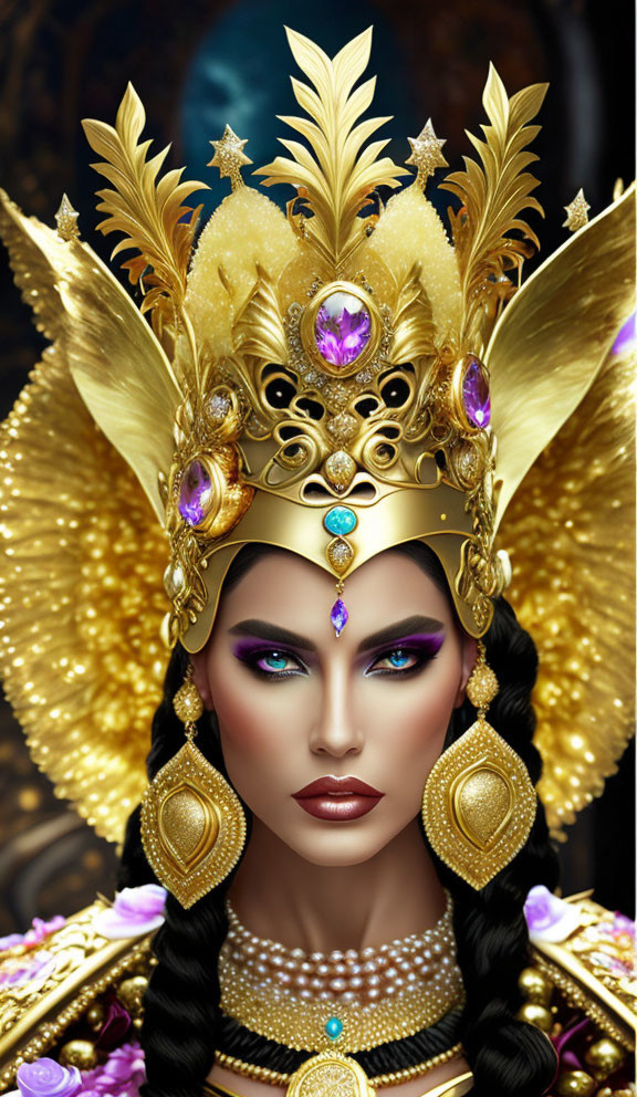 Woman adorned with intricate golden headdress and regal attire exudes elegance and authority