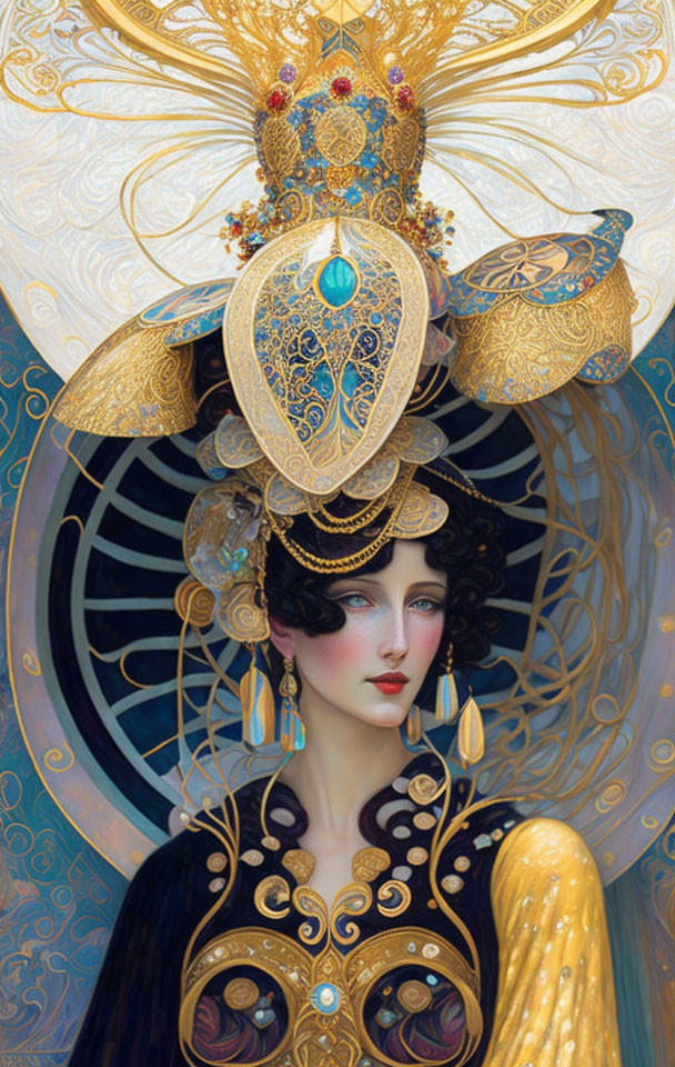 Ethereal woman with golden headdress and intricate patterns