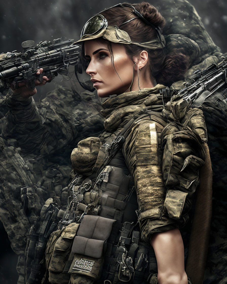 Female soldier digital art with tactical gear and rifle in military operation.