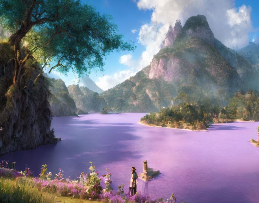 Scenic landscape with purple river, greenery, mountains, and figure by water's edge