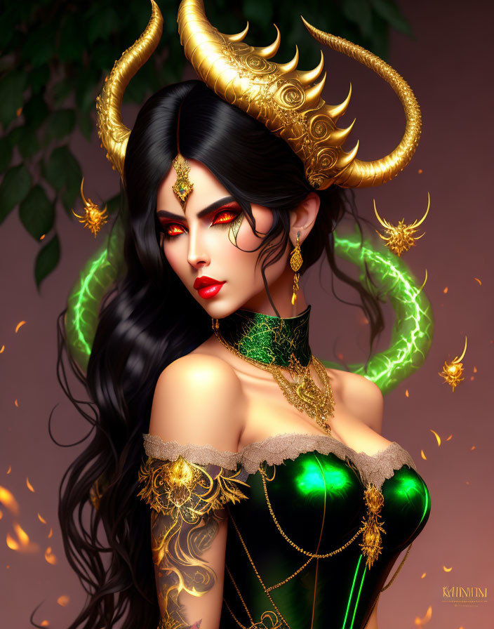 Woman with Horns and Red Eyes in Fantasy Portrait with Gold Jewelry and Green Energy on Red Background