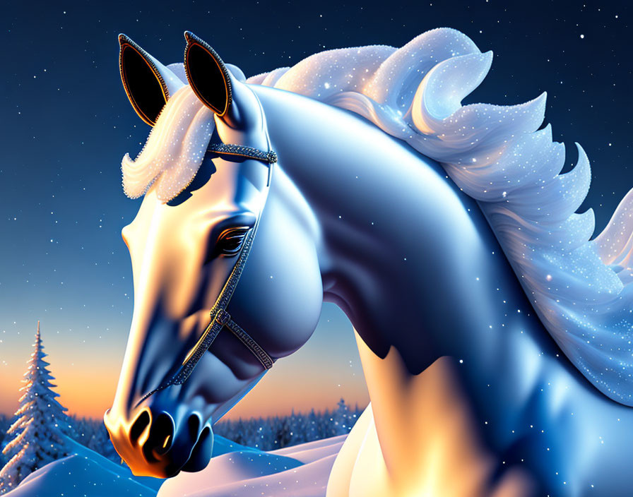 Stylized white horse digital illustration in starry snowy landscape